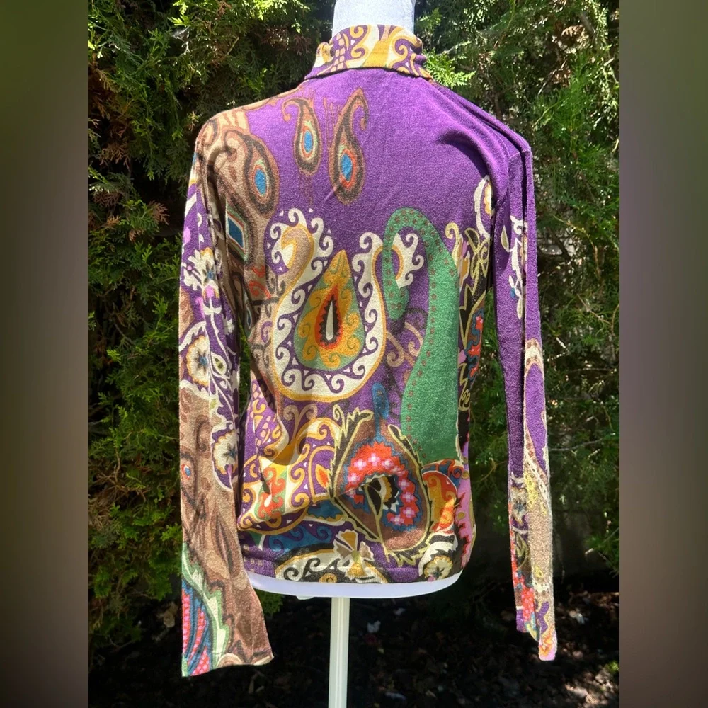 Etro Floral Paisley Printed Purple Fitted Turtleneck Graphic Blouse Size 48 - Picture 3 of 4